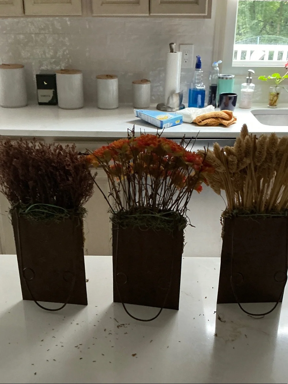Autumn Trio Faux Floral Arrangements in Rustic Brown Vases - Orange, Tan, Brown